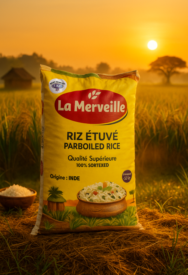 RIZ LA MERVEILLE - RIZ ÉTUVÉ PARBOILED RICE QUALITé SUPERIEURE 100% SORTEXED - ORIGINE INDE - POIDS 50KGS copie