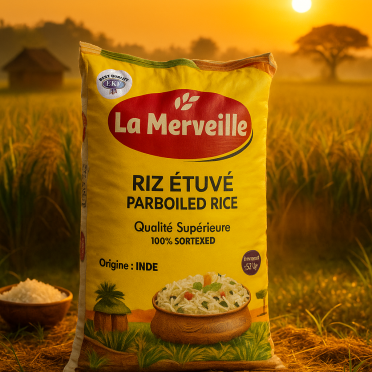 RIZ LA MERVEILLE - RIZ ÉTUVÉ PARBOILED RICE QUALITé SUPERIEURE 100% SORTEXED - ORIGINE INDE - POIDS 50KGS copie